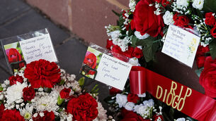 <p>PAYING RESPECTS: Tributes at Anfield Stadium in memory of Diogo Jota who has died at the age of 28. The Portugal forward died along with his younger brother Andre Silva in the accident in Zamora on Thursday morning. </p>