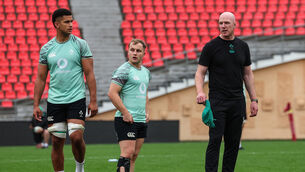 <p>Ireland head coach Paul O'Connell with Cormac Izuchukwu and Craig Casey during the captain's run at Mikheil Meshki Stadium in Tbilisi on Friday. Picture: Ben Brady/Inpho</p>
