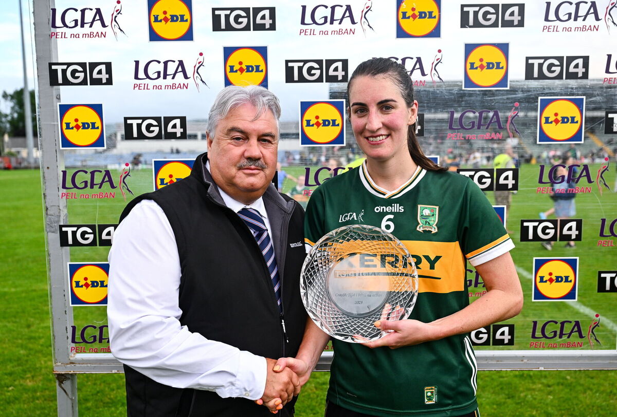 Emma Costello of Kerry receives the Player of the Match Award from Robbie Smyth, LGFA Vice-President, after the 2025 TG4 All-Ireland Senior Championship Quarter-Final between Kerry and Kildare at Austin Stack Park in Tralee, Kerry. Photo by Tyler Miller/Sportsfile