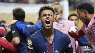<p>Paris Saint-Germain's Desire Doue celebrates his team's goal during the Club World Cup quarterfinal soccer match between PSG and Bayern Munich in Atlanta, Saturday, July 5, 2025. (AP Photo/Brynn Anderson)</p>