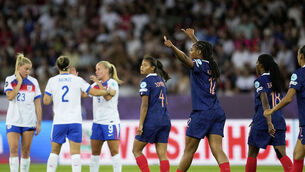 <p>France's Marie-Antoinette Katoto, 3rd right, celebrates after scoring the opening goal during the Euro 2025, group D, soccer match between France and England at Stadion Letzigrund in Zurich, Switzerland, Saturday, July 5, 2025. (AP Photo/Martin Meissner)</p>