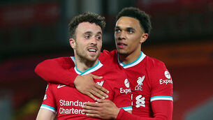 <p>Trent Alexander-Arnold (right) has paid tribute to his former Liverpool team-mate, the late Diogo Jota. Pic; Peter Byrne/PA</p>