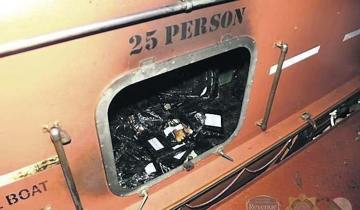 A partially-burned cocaine stash inside a lifeboat on board the MV Matthew in September 2023. 