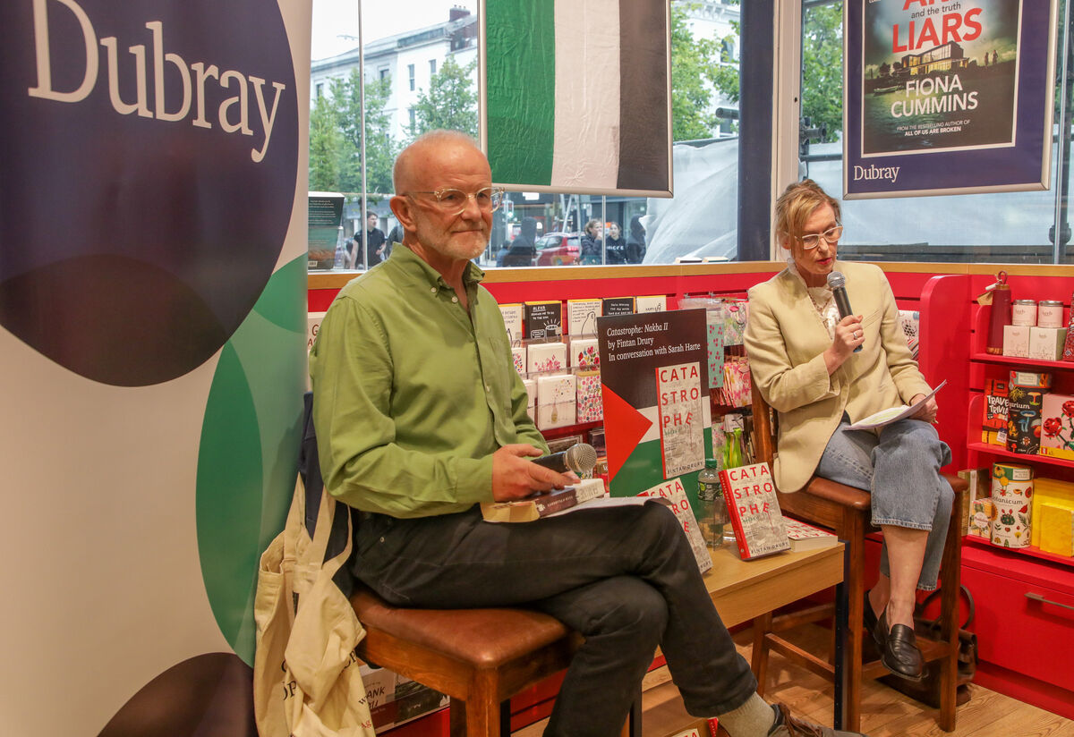 'Irish Examiner' columnist Sarah Harte interviewing Fintan Drury about his book 'Catastrophe: Nakba II' at Dubray Books on St Patrick's Street in Cork recently. Picture: David Creedon 'Irish Examiner' columnist Sarah Harte interviewing Fintan Drury about his book 'Catastrophe: Nakba II' at Dubray Books on St Patrick's Street in Cork recently. Picture: David Creedon