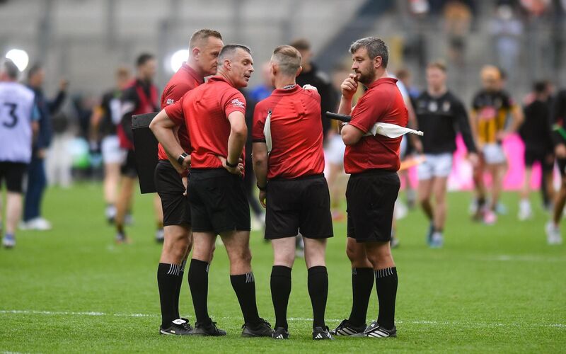 Referee James Owens and his officials deliberate over the decision after the semi-final. Picture: John Sheridan/Sportsfile Referee James Owens and his officials deliberate over the decision after the semi-final. Picture: John Sheridan/Sportsfile