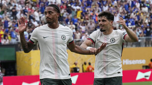 <p>Chelsea's João Pedro, left, celebrates after scoring his side's opening goal. Pic: Seth Wenig/AP</p>