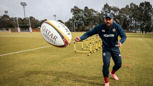 <p>FULL FOCUS: Bundee Aki completes a training run during the Lions Captain’s Run at the Australian Institute of Sport, Canberra. Picture: Dan Sheridan/Inpho</p>