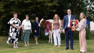 <p>Mary Gaynor, president of Virginia Show; Mary Rafferty, president of IHFA; Martina Jameson, secretary of Virginia Show; Minister for Agriculture, Martin Heydon and Carol Power, senior sales manager of Tirlán with the cow Evergrange Missy P launching the Diageo Baileys Champion Dairy Cow competition at the Virginia Show. Picture: Kenneth O'Halloran</p>