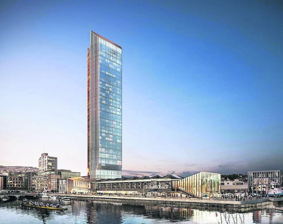 An artist’s impression of what the 34-storey hotel and associated development would look like on Custom House Quay, the old Port of Cork site. An artist’s impression of what the 34-storey hotel and associated development would look like on Custom House Quay, the old Port of Cork site.