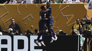 <p>PSGLEE: Paris Saint-Germain's Ousmane Dembele and Desire Doue celebrate. Pic: AP Photo/Seth Wenig.</p>