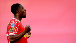 <p>Shels’ Mipo Odubeko celebrates scoring. Pic: Ryan Byrne/Inpho</p>