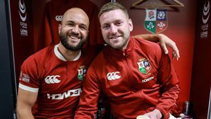 <p>NOTHING BY HALF: Lions 9 and 10, Jamison Gibson-Park and Finn Russell, celebrate after the victory over the Queensland Reds in Brisbane. Pic: Dan Sheridan, Inpho</p>
