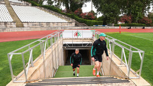 <p>TUNNEL VISION: Scrum Coach Colm Tucker and Interim Head Coach Paul O'Connell at the Captain's Run at the Estádio Nacional do Jamor, Lisbon. Pic: INPHO/Ben Brady</p>