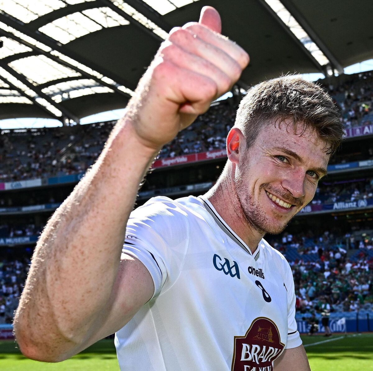 Kildare captain Kevin Feely celebrates. Pic: Seb Daly/Sportsfile
