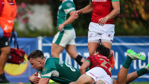 <p>ROUT: Ireland's Cian Prendergast scores his side's thirteenth try. Pic: INPHO/Ben Brady</p>