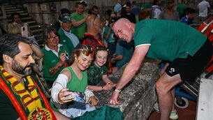 <p>Ireland interim head coach Paul O'Connell with supporters after the International Rugby Test match between Portugal and Ireland at Estádio Nacional do Jamor in Lisbon. Pic: David Fitzgerald/Sportsfile</p>