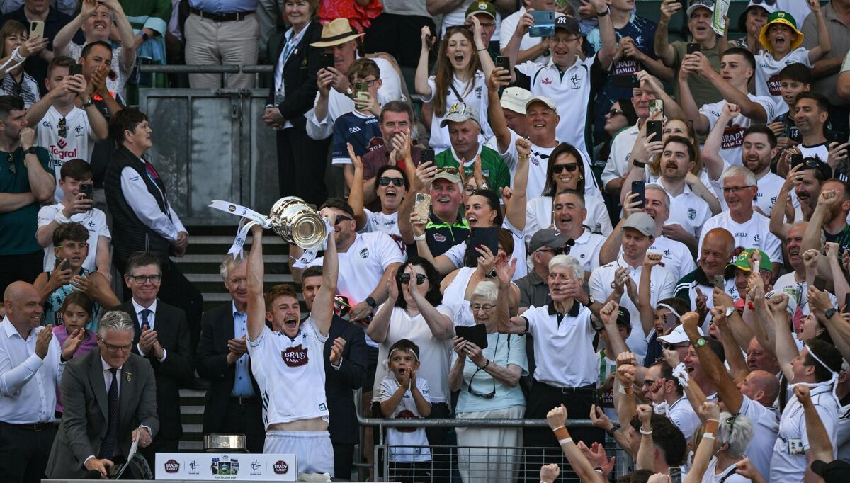 Kildare captain Kevin Feely lifts the cup after his side's victory in the Tailteann Cup final match between Kildare and Limerick at Croke Park. Pic: Ray McManus/Sportsfile
