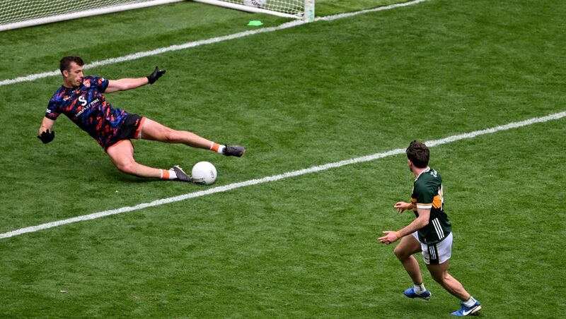 Conor Geaney of Kerry has his shot saved by Armagh goalkeeper Ethan Rafferty. Pic: Daire Brennan/Sportsfile