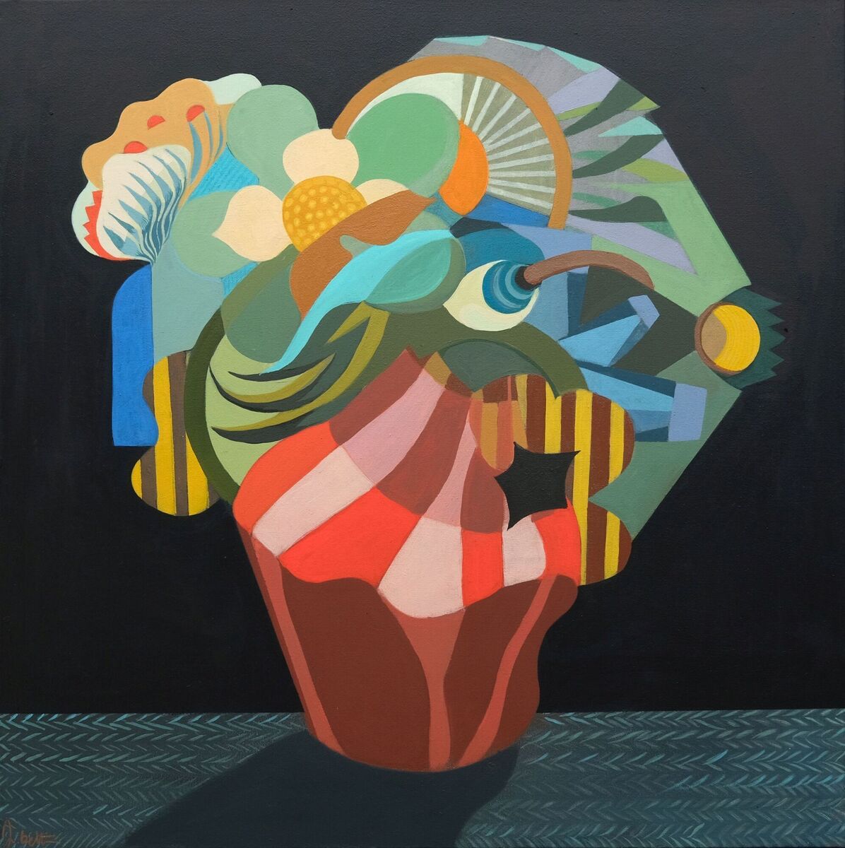 Jenny Belton's "Flowers on Blue Tablecloth" from Gormleys. Acrylic on linen, 50 x 50 cm. Jenny Belton's "Flowers on Blue Tablecloth" from Gormleys. Acrylic on linen, 50 x 50 cm.