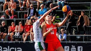 <p>Abigail Rafferty challenges Noor Juusten of the Netherlands during the FIBA 3x3 Women's World Series. Pic: Basketball Ireland. </p>
