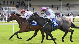 <p>Barnavara and Shane Foley (far) win the Darley Irish EBF Kooyonga Stakes (Listed) from Red Letter in Navan recently. Pic: Healy Racing</p>