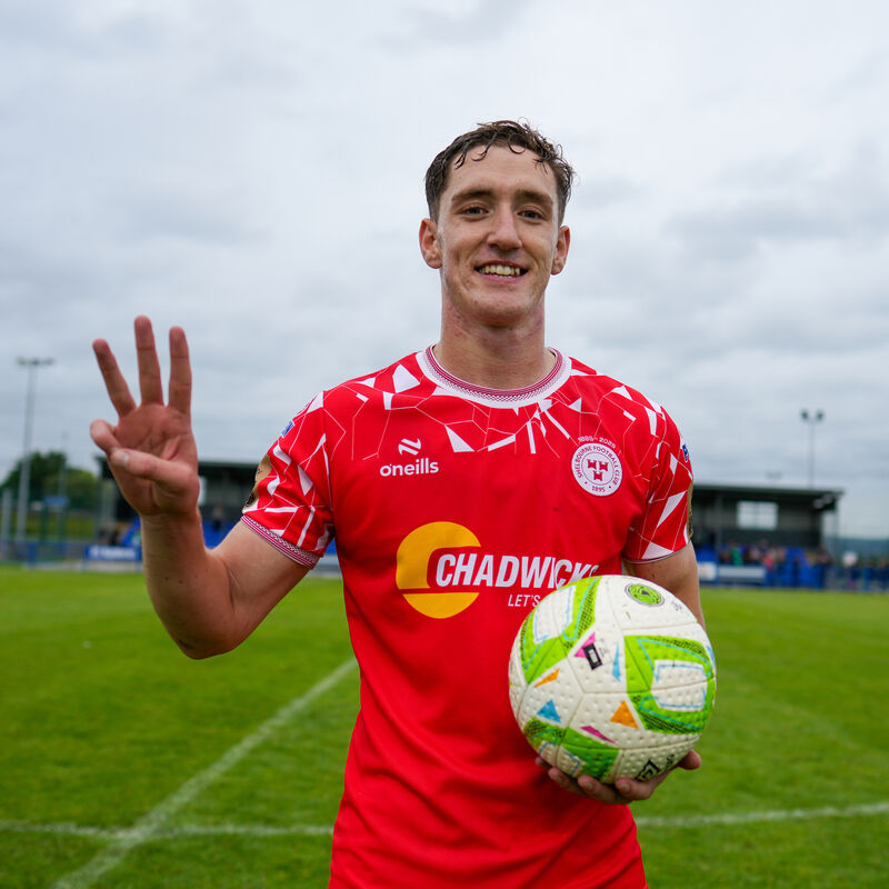 John Martin of Shelbourne with the match ball after scoring a hat-trick. Pic: ©INPHO/James Lawlor. John Martin of Shelbourne with the match ball after scoring a hat-trick. Pic: ©INPHO/James Lawlor.