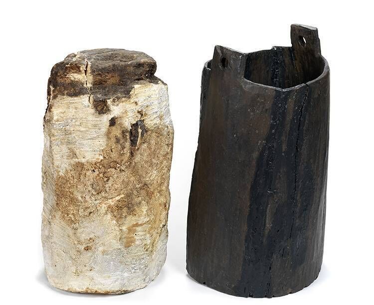 A 2,325-year-old bog butter weighing almost 13.5kgs recovered from Rosberry in County Kildare, dated 360 to 200 BC, alongside the keg it was found in. Image copyright of the National Museum of Ireland.