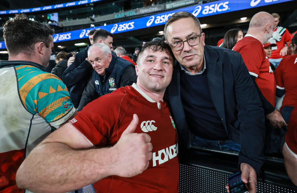 The Lions' Thomas Clarkson celebrates with his father Finbarr after the game against the First Nations & Pasifika XV. Pic: ©INPHO/Dan Sheridan The Lions' Thomas Clarkson celebrates with his father Finbarr after the game against the First Nations & Pasifika XV. Pic: ©INPHO/Dan Sheridan