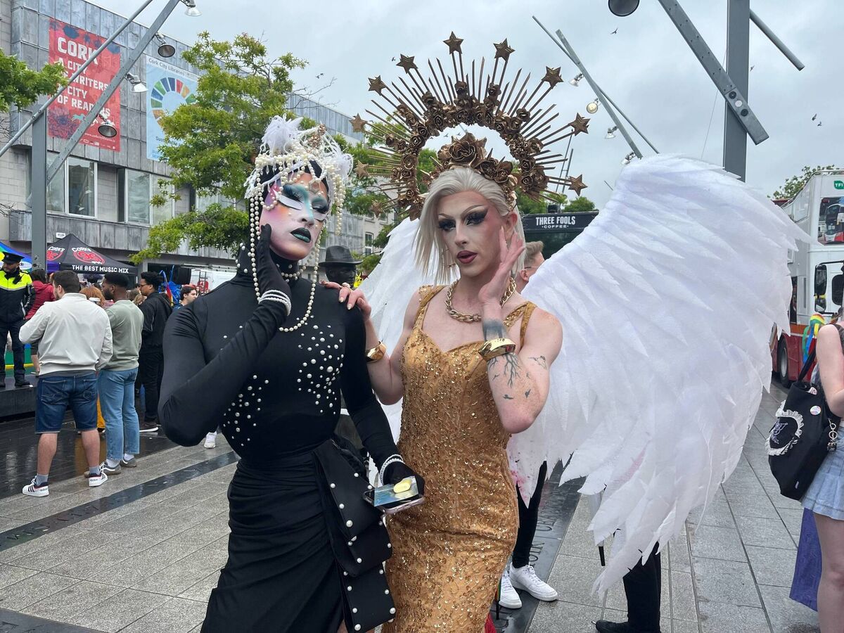 (Left​ to right) Cork ​Drag ⁣Queens Liam Bee and Lucina Schynning at Cork Pride 2024.