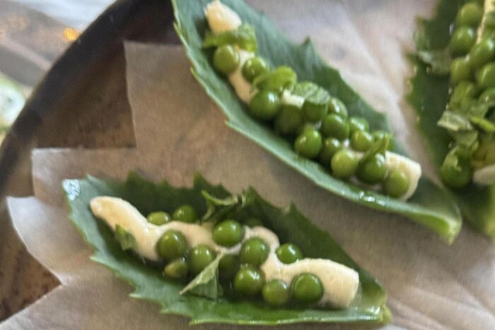 Sedum Leaf with a Whipped Lemon Ricotta & Peas