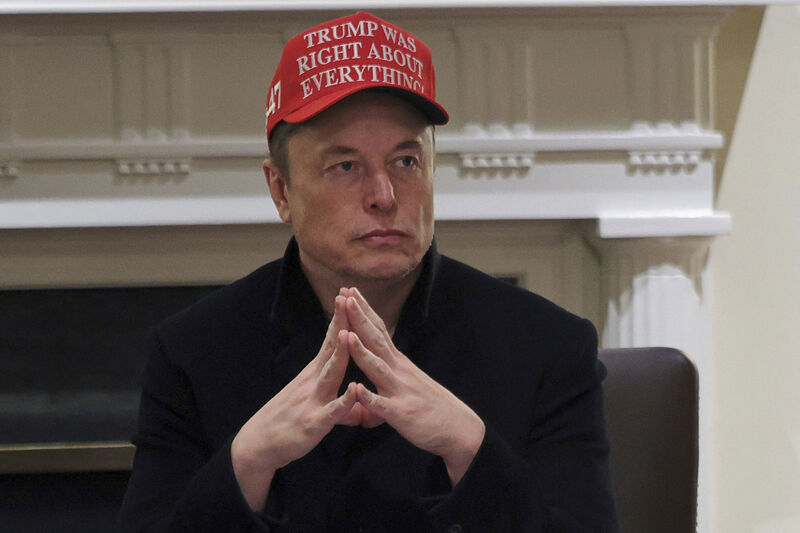 Elon Musk attends a cabinet meeting at the White House in Washington, Monday, March 24, 2025. (Pool via AP)