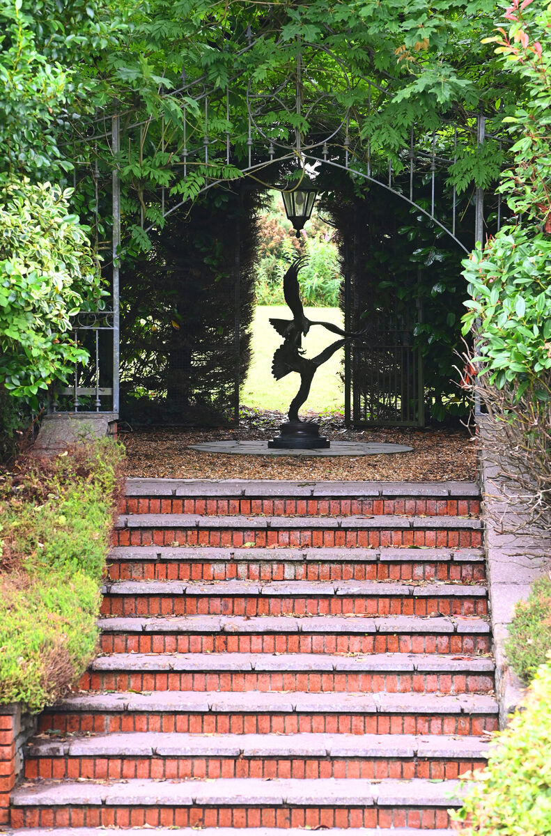 Eagle sculpture at top of steps, leading to upper field. Pic:  Larry Cummins