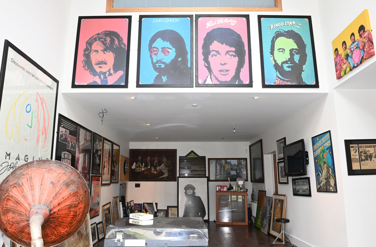 Beatles artwork in the ground floor room of guest house used previously as a snooker and games room / mancave / recording studio. Pic Larry Cummins