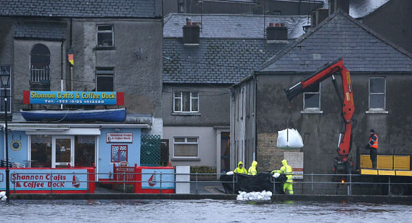 Sandbags are placed along the quayside in Athlone, by the river Shannon as flood waters continue to rise today. Pic: PA