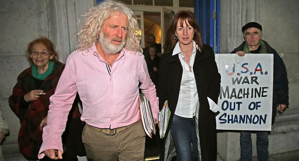 Campaigner Margaretta D'Arcy, Independent TDs Mick Wallace and Clare Daly and campaigner Niall Farrell outside Ennis District Court in February. Pic: Brian Gavin/Press 22