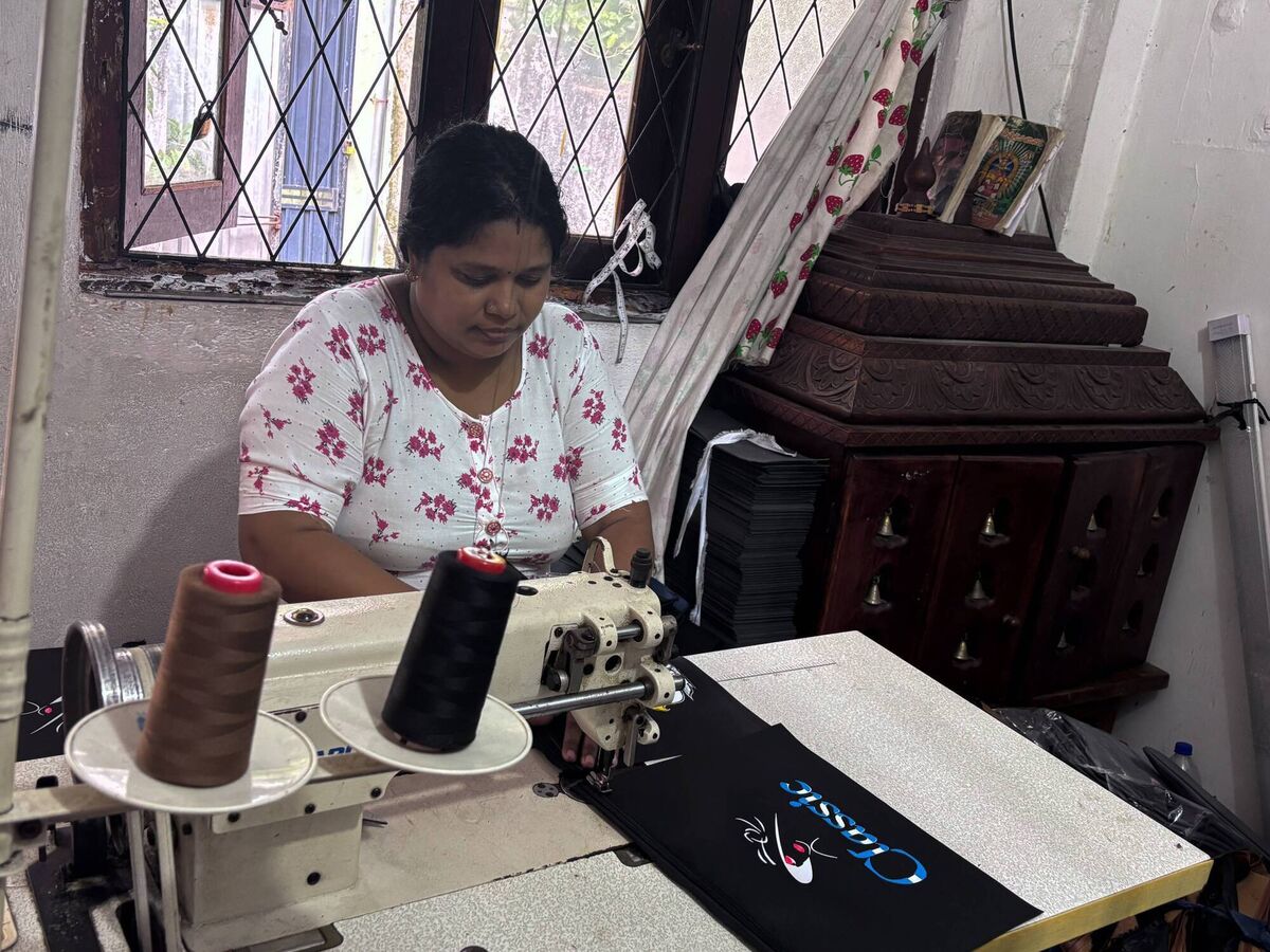 Latha works from home in Kolonnawa, Sri Lanka, designing and making handbags, backpacks, and travel bags and she now employs another woman.  