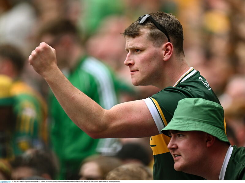 A supporter urging Kerry on during the GAA Football All-Ireland final against Donegal at Croke Park in Dublin. Picture: Seb Daly/Sportsfile