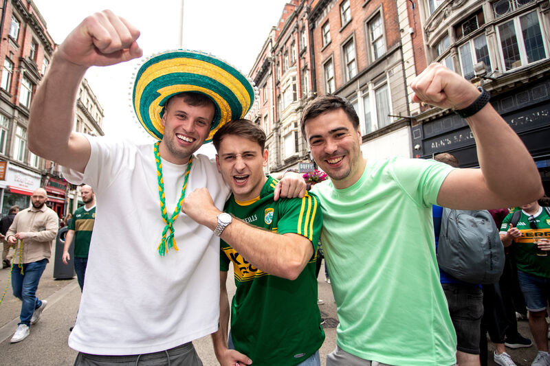 Conor Linehan, Shane O’Connor, and Conor Murphy heading to Croke Park ahead of the 2025 GAA All-Ireland Senior Football Championship Final. Picture: Dan Clohessy/Inpho