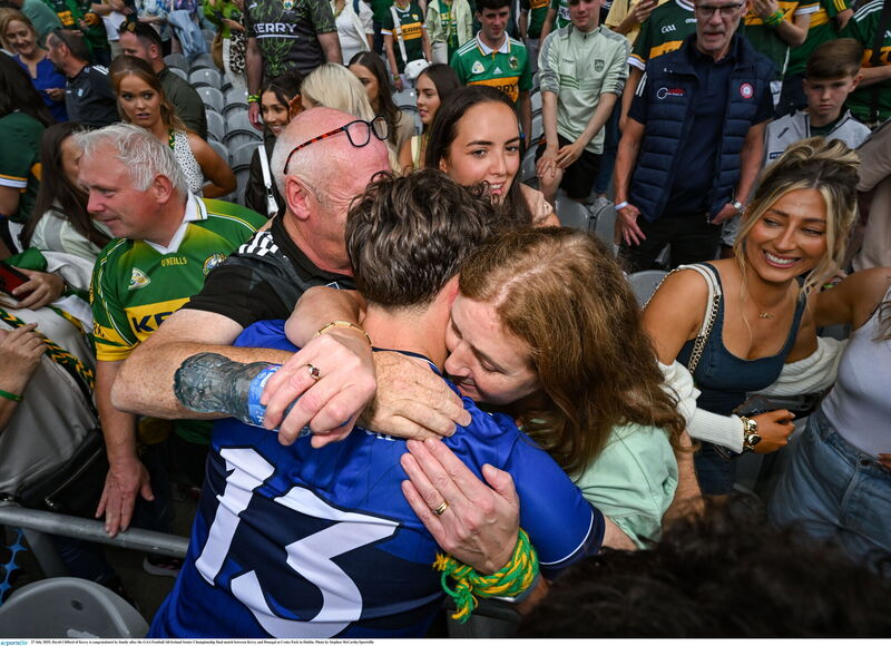David Clifford is congratulated by family after the GAA Football All-Ireland Senior Championship final. Pic: Stephen McCarthy/Sportsfile.