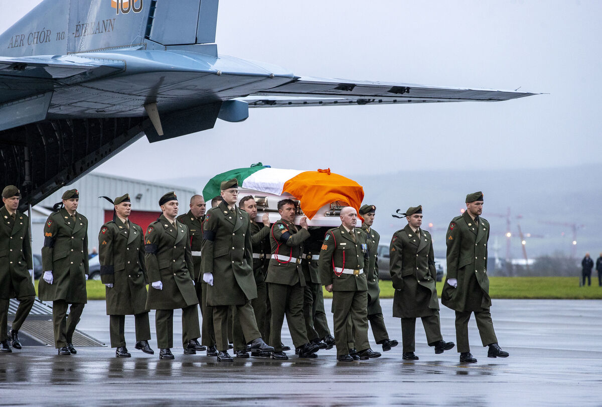 The remains of Irish UN peacekeeping soldier Seán Rooney arriving at Casement Aerodrome, Baldonnell, Co Dublin, in December 2022. Pte Rooney, from Newtowncunningham, Co Donegal, was killed on active service when his convoy came under attack in Lebanon. The remains of Irish UN peacekeeping soldier Seán Rooney arriving at Casement Aerodrome, Baldonnell, Co Dublin, in December 2022. Pte Rooney, from Newtowncunningham, Co Donegal, was killed on active service when his convoy came under attack in Lebanon.