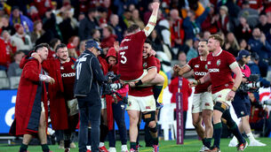 <p>British &amp; Irish Lions' Dan Sheehan and Tadhg Furlong celebrate winning the match. Pic: James Crombie/Inpho</p>