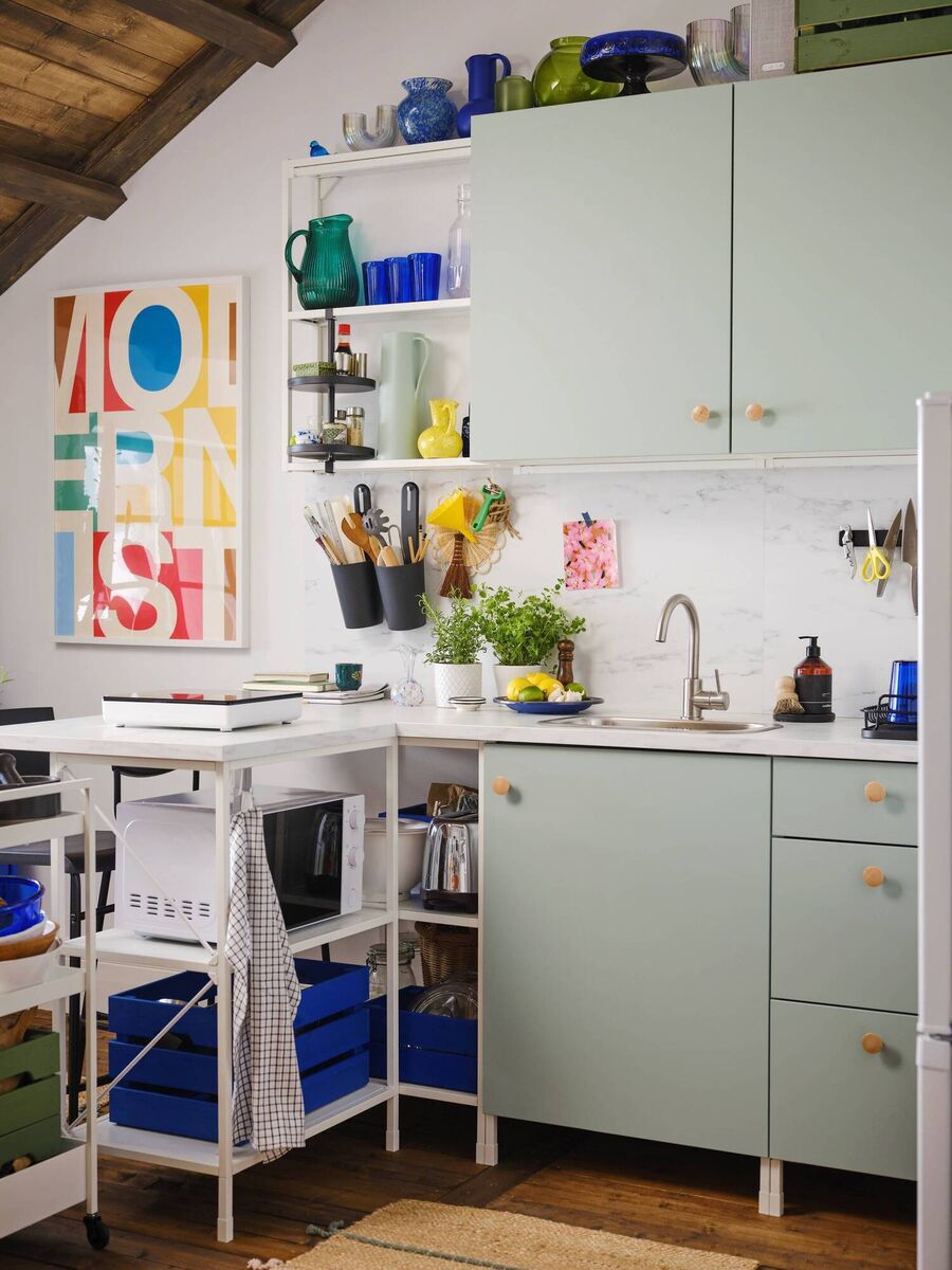 Enhet units united by a worktop by Ikea add up to a relaxed kitchen that can grow with your budget. With open storage in unfitted pieces ensure you have the manners to maintain the look. 