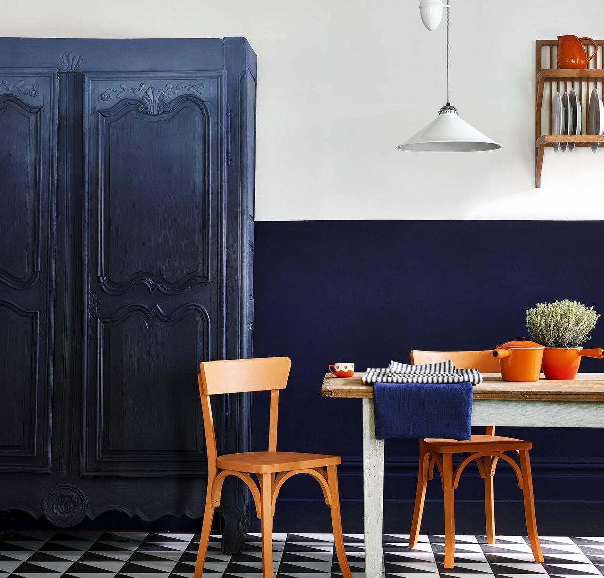 Ombre kitchen armoire in Annie Sloan's Oxford Navy and Athenian Black, Chalk Paint in Barcelona Orange. 
