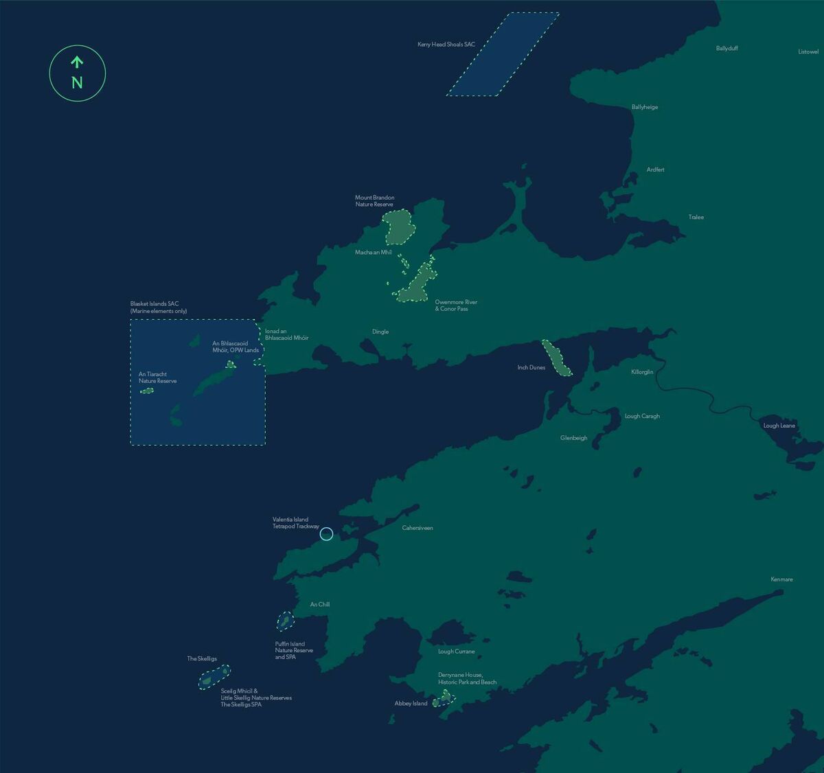 Boundary map of Páirc Náisiúnta na Mara, Ciarraí. The dotted lines denote the park and marine park area boundaries. 