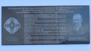 <p>The plaque dedicated to the achievements of Frank R Maloney erected by the Nenagh Éire Óg club.Picture via Nenagh Éire Óg</p>