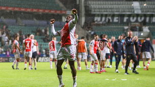 <p>NEXT ROUND: St Pat's Al-Amin Kazeem celebrates after his side's win in Tallinn, Estonia. Pic: Evaldas Semiotas/Sportsfile</p>