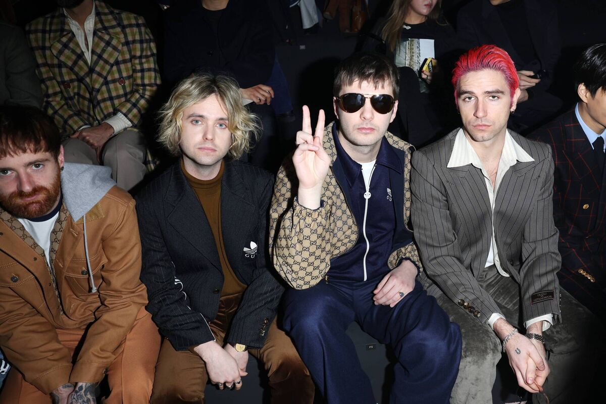 (L - R) Tom Coll, Conor Deegan III, Grian Chatten and Carlos O'Connell of Fontaines D.C. are seen at the Gucci show during Milan Fashion Week Fall/Winter 2023/24. Picture: Jacopo M. Raule/