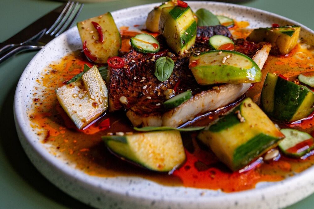 Grilled red mullet with a smashed cucumber salad