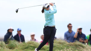 <p>Ireland's Leona Maguire on the 3rd tee on day two of the 2025 AIG Women's Open at Royal Porthcawl. Picture: Nigel French/PA</p>