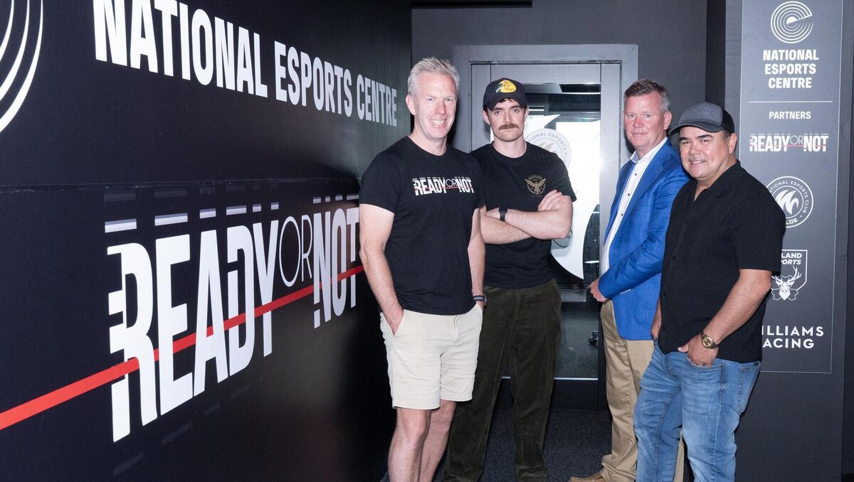 Void Interactive CFO Philip Nathan, COO Stirling Rank, and CEO Julio Rodriguez celebrate the success of their first-person shooter game 'Ready or Not' with David Cronin at the National Esports Centre in Cork. Picture: Gerard McCarthy